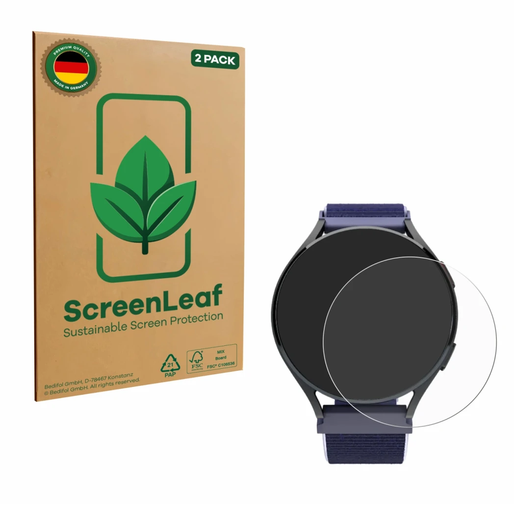 Front side of a product packaging with the brand logo ScreenLeaf. Next to it is the device Patronus Notfalluhr (41.5 mm) shown