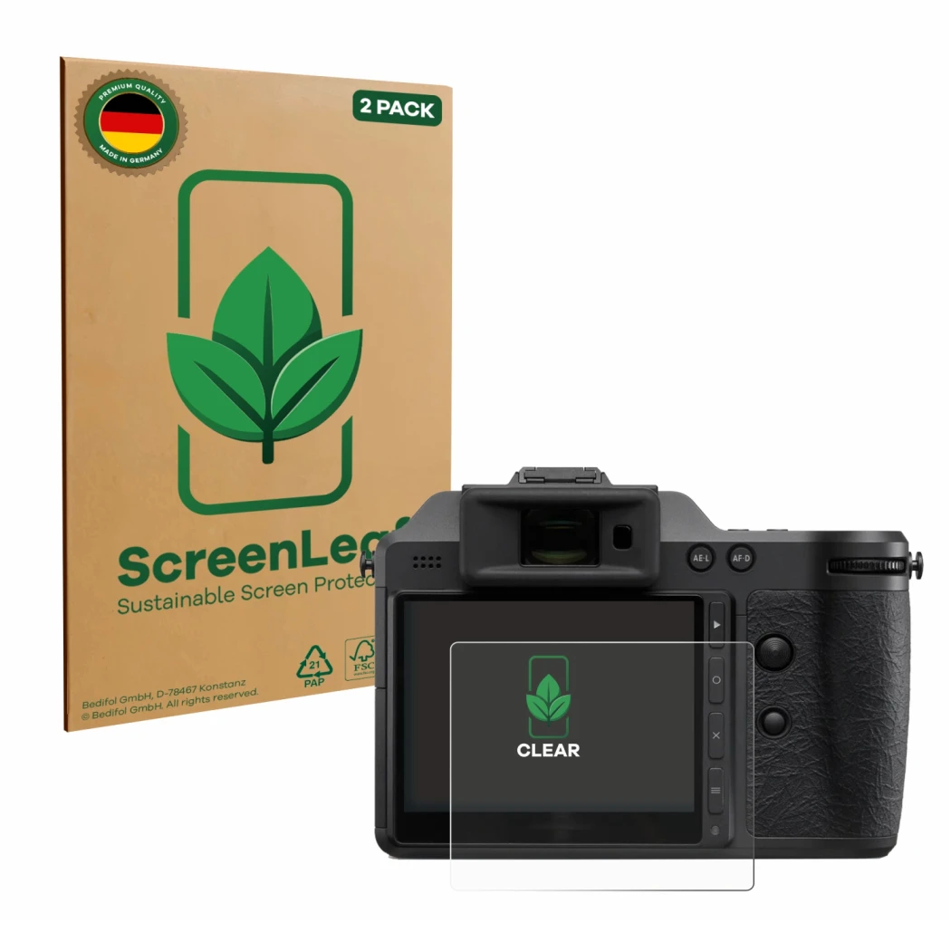 Front side of a product packaging with the brand logo ScreenLeaf. Next to it is the device Hasselblad X2D II 100C shown with t