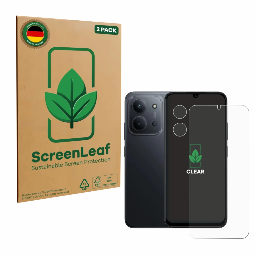 Front side of a product packaging with the brand logo ScreenLeaf. Next to it is the device Xiaomi Redmi 15C (Front+Camera) sho