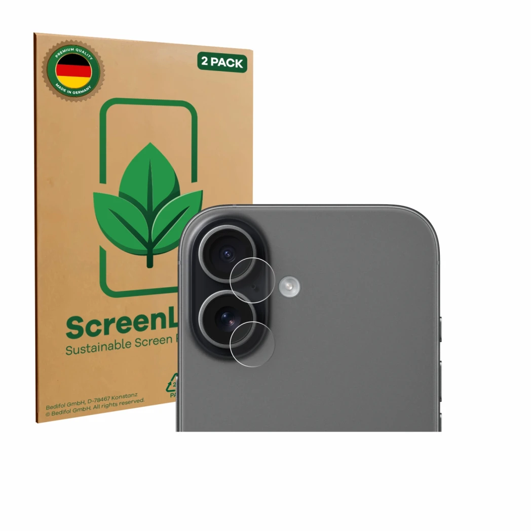 Front side of a product packaging with the brand logo ScreenLeaf. Next to it is the device Apple iPhone 17 (ONLY Camera Lens) 