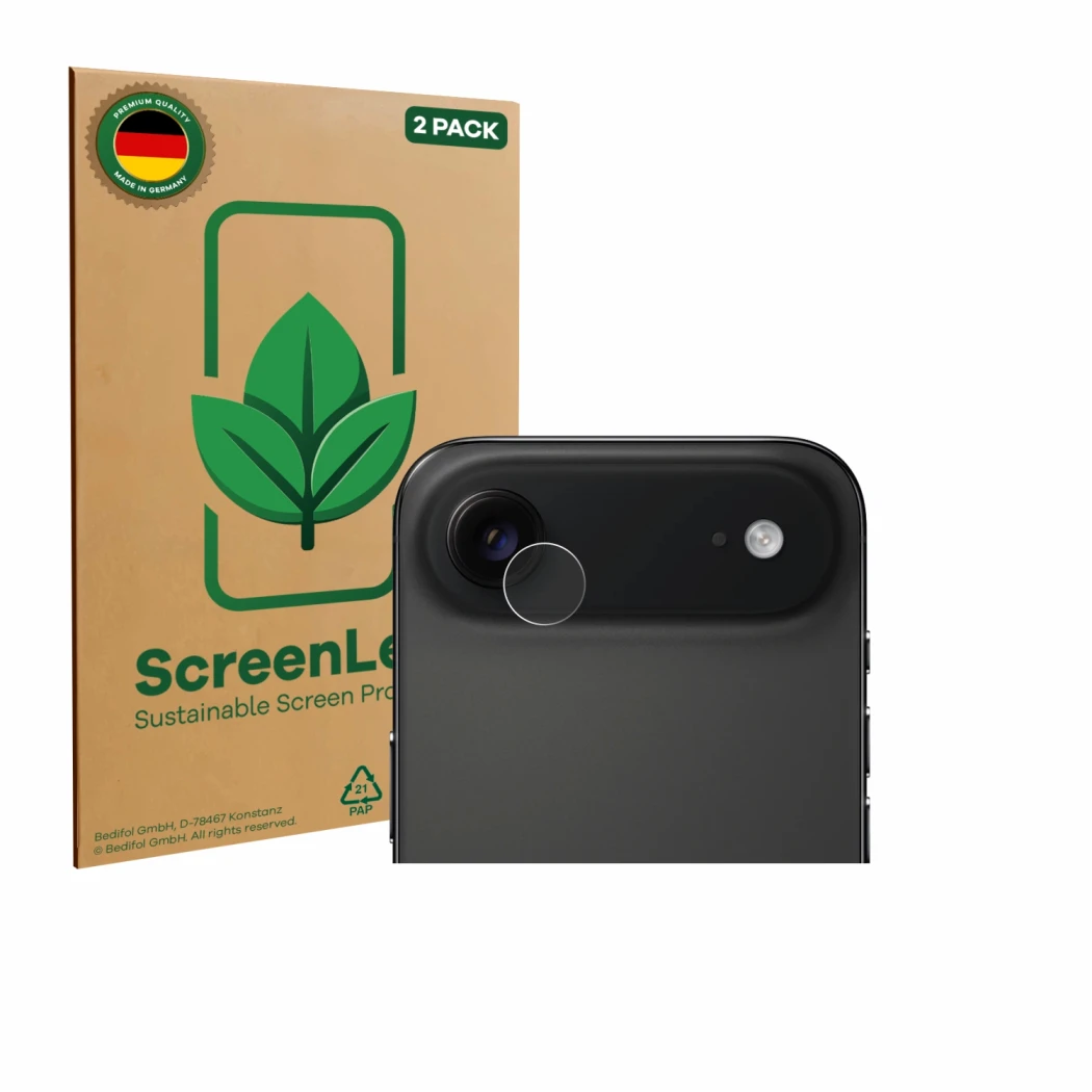 Front side of a product packaging with the brand logo ScreenLeaf. Next to it is the device Apple iPhone Air (ONLY Camera Lens)