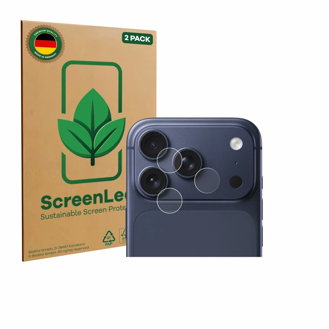 Front side of a product packaging with the brand logo ScreenLeaf. Next to it is the device Apple iPhone 17 Pro (ONLY Camera Le