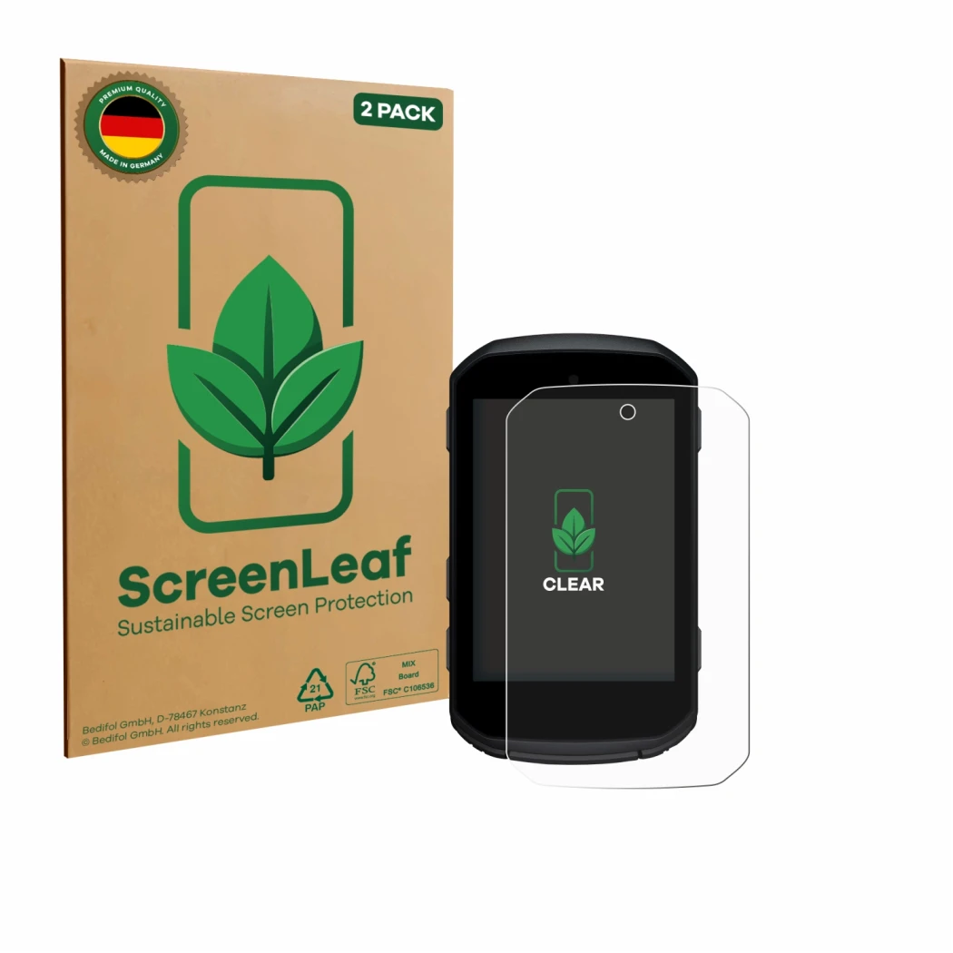 Front side of a product packaging with the brand logo ScreenLeaf. Next to it is the device Garmin Edge 550 shown with the corr