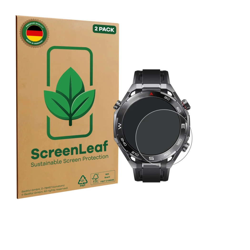 Front side of a product packaging with the brand logo ScreenLeaf. Next to it is the device Huawei Watch Ultimate 2 Black shown
