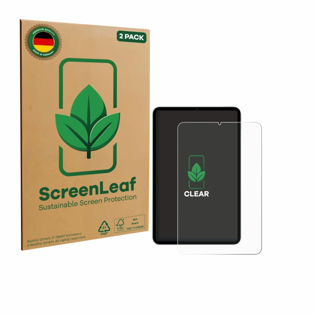 Front side of a product packaging with the brand logo ScreenLeaf. Next to it is the device Xiaomi Pad Mini shown with the corr