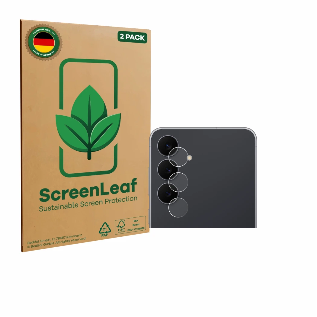 Front side of a product packaging with the brand logo ScreenLeaf. Next to it is the device Samsung Galaxy S25 FE Enterprise Ed