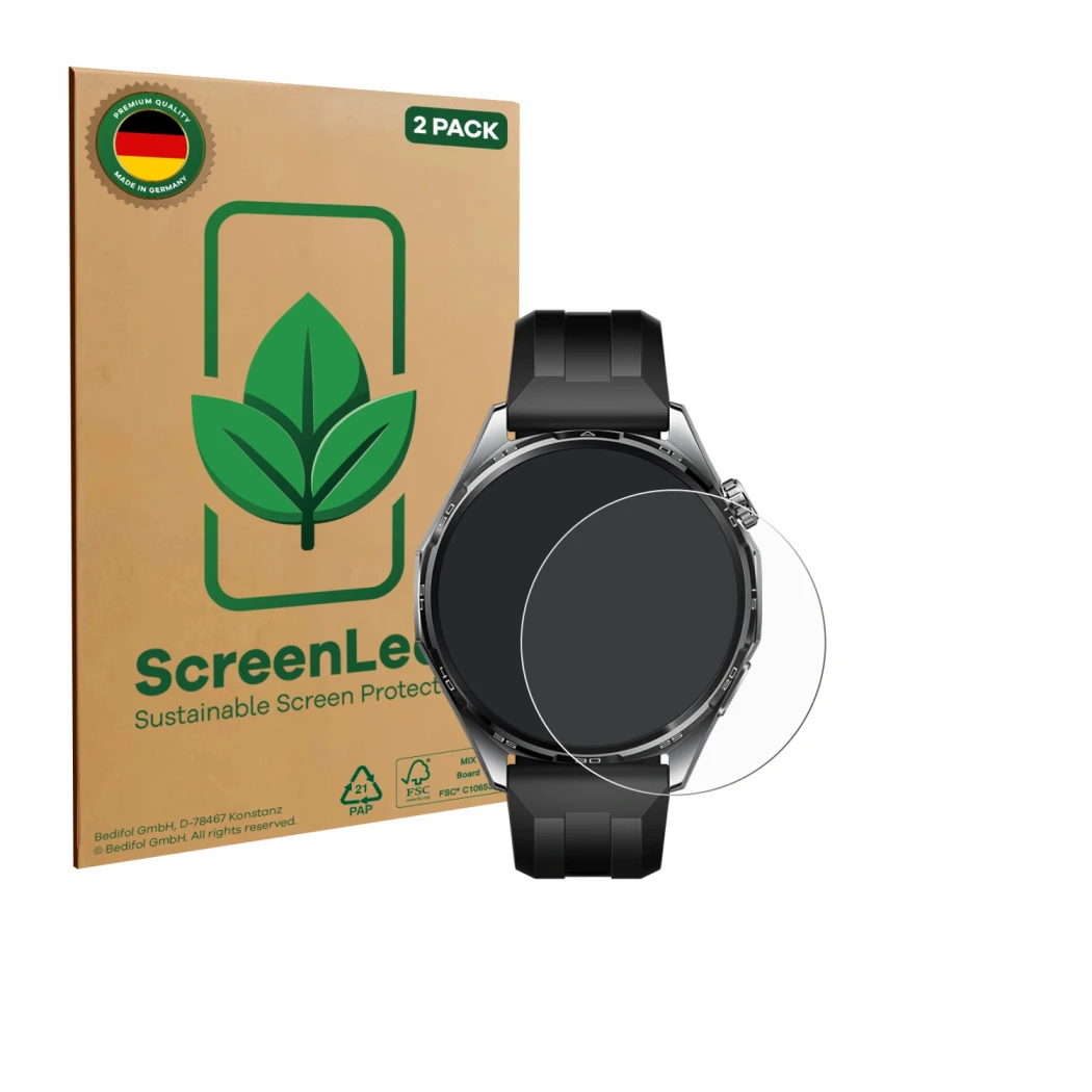 Front side of a product packaging with the brand logo ScreenLeaf. Next to it is the device Huawei Watch GT 6 (46 mm) shown wit