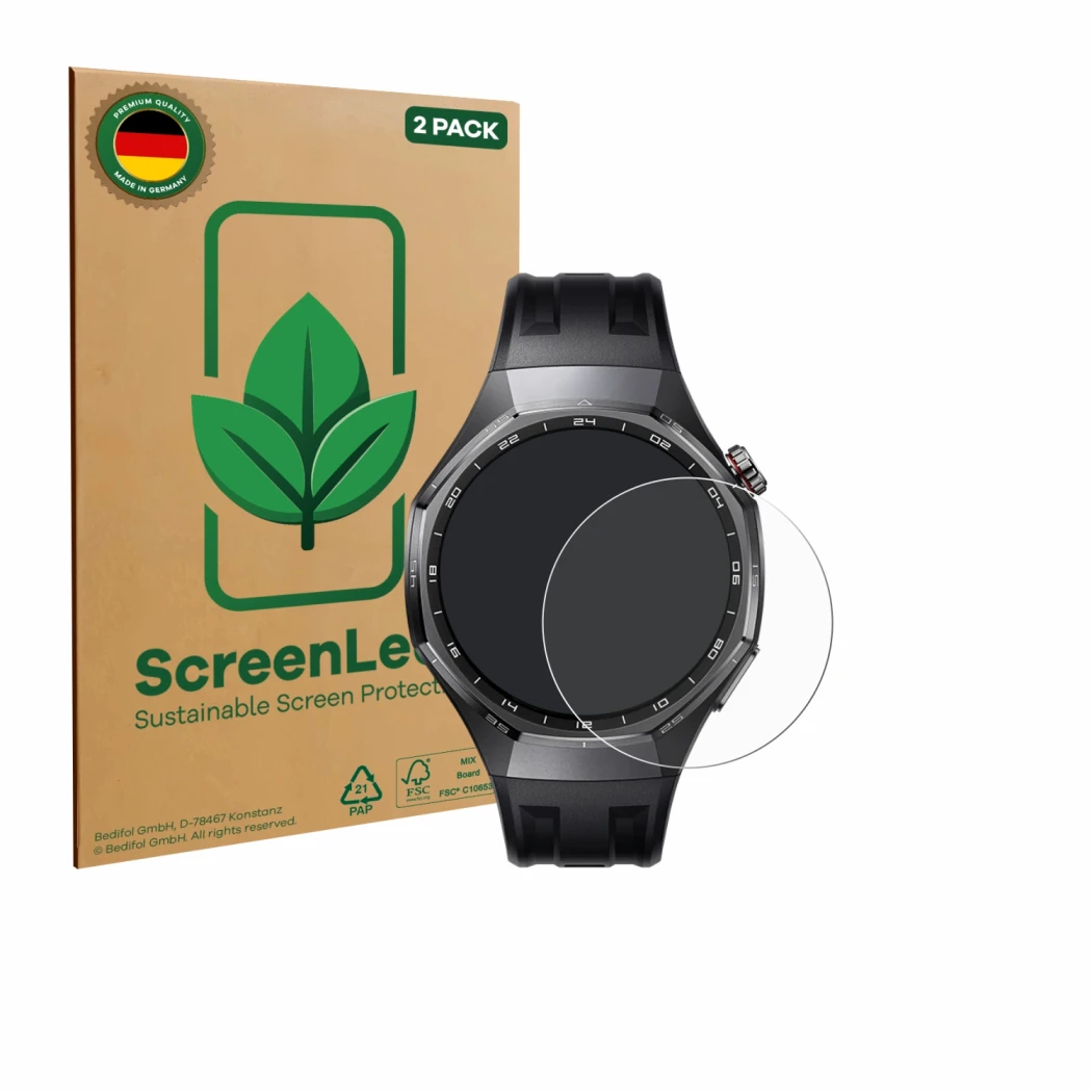 Front side of a product packaging with the brand logo ScreenLeaf. Next to it is the device Huawei Watch GT 6 Pro (46 mm) shown
