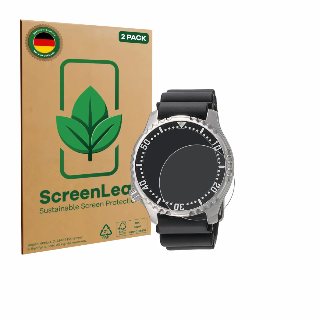 Front side of a product packaging with the brand logo ScreenLeaf. Next to it is the device Citizen NY0040 shown with the corre