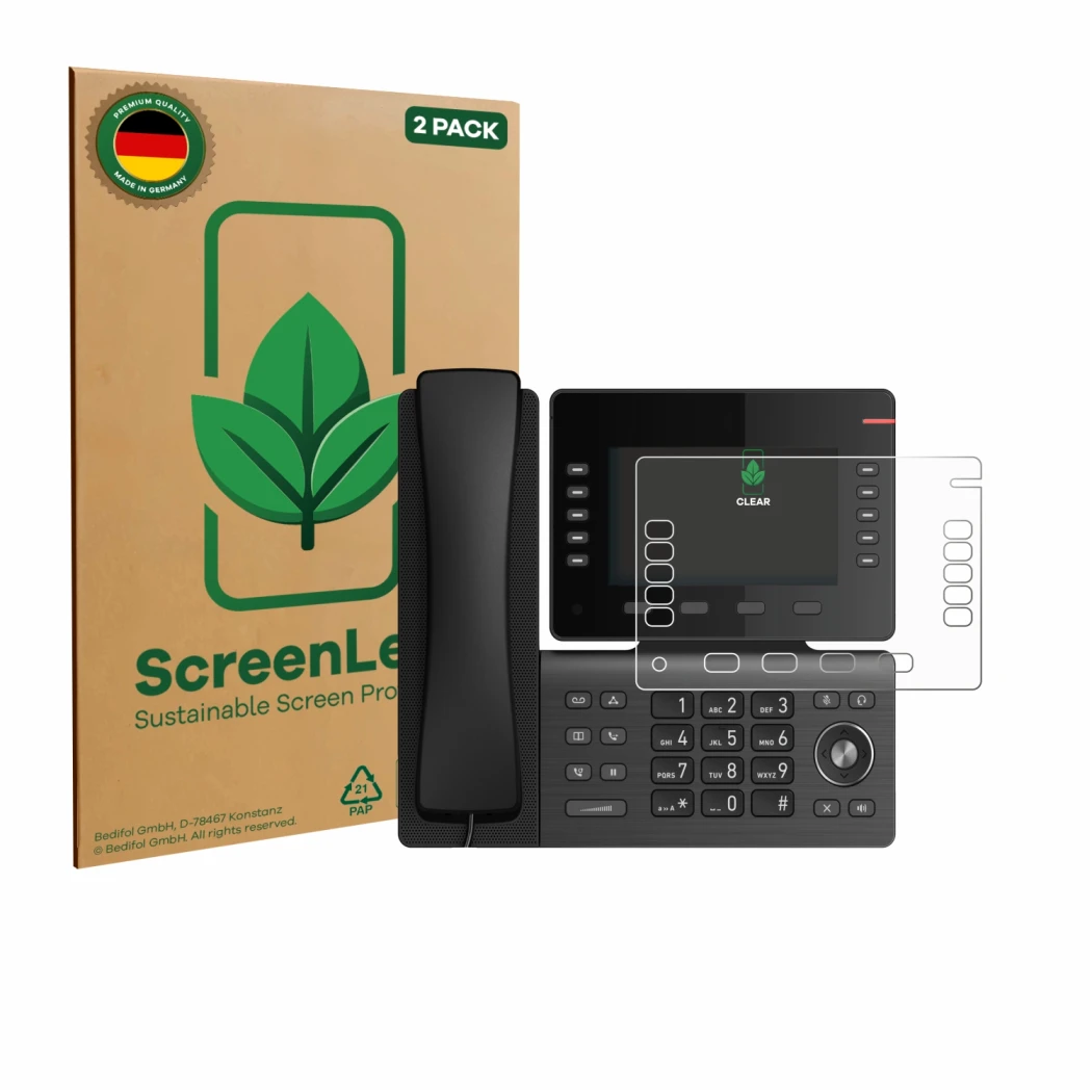 Front side of a product packaging with the brand logo ScreenLeaf. Next to it is the device Snom D865 shown with the correspond