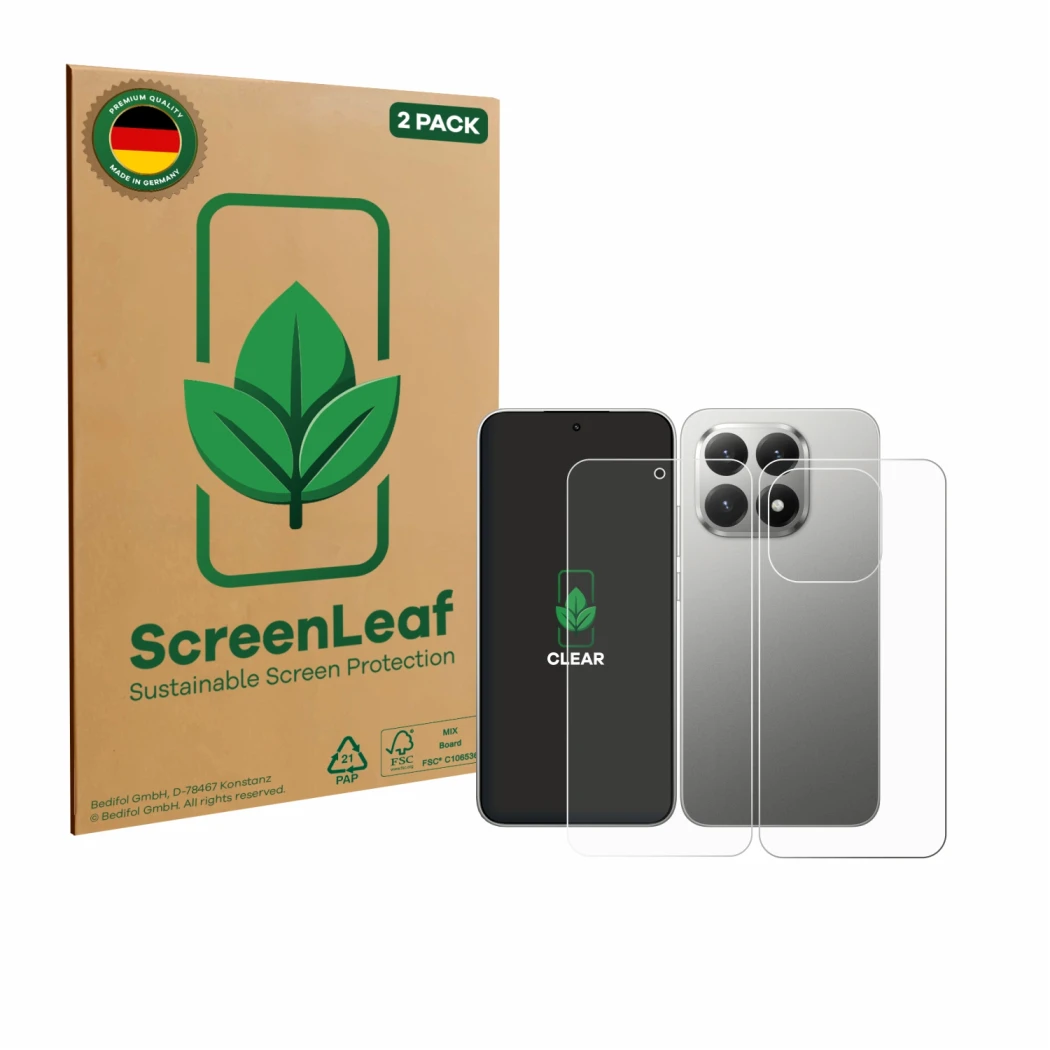 Front side of a product packaging with the brand logo ScreenLeaf. Next to it is the device Xiaomi 15T (Front+Back) shown with 