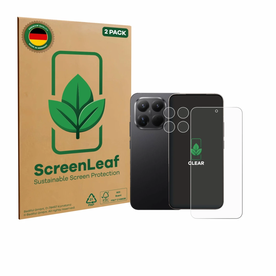 Front side of a product packaging with the brand logo ScreenLeaf. Next to it is the device Xiaomi 15T Pro (Front+Camera) shown