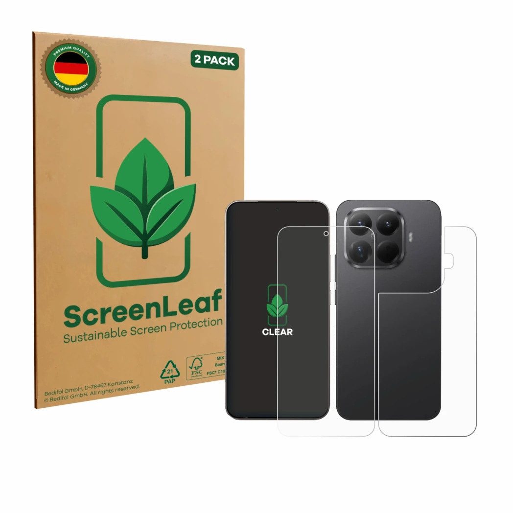 Front side of a product packaging with the brand logo ScreenLeaf. Next to it is the device Xiaomi 15T Pro (Front+Back) shown w
