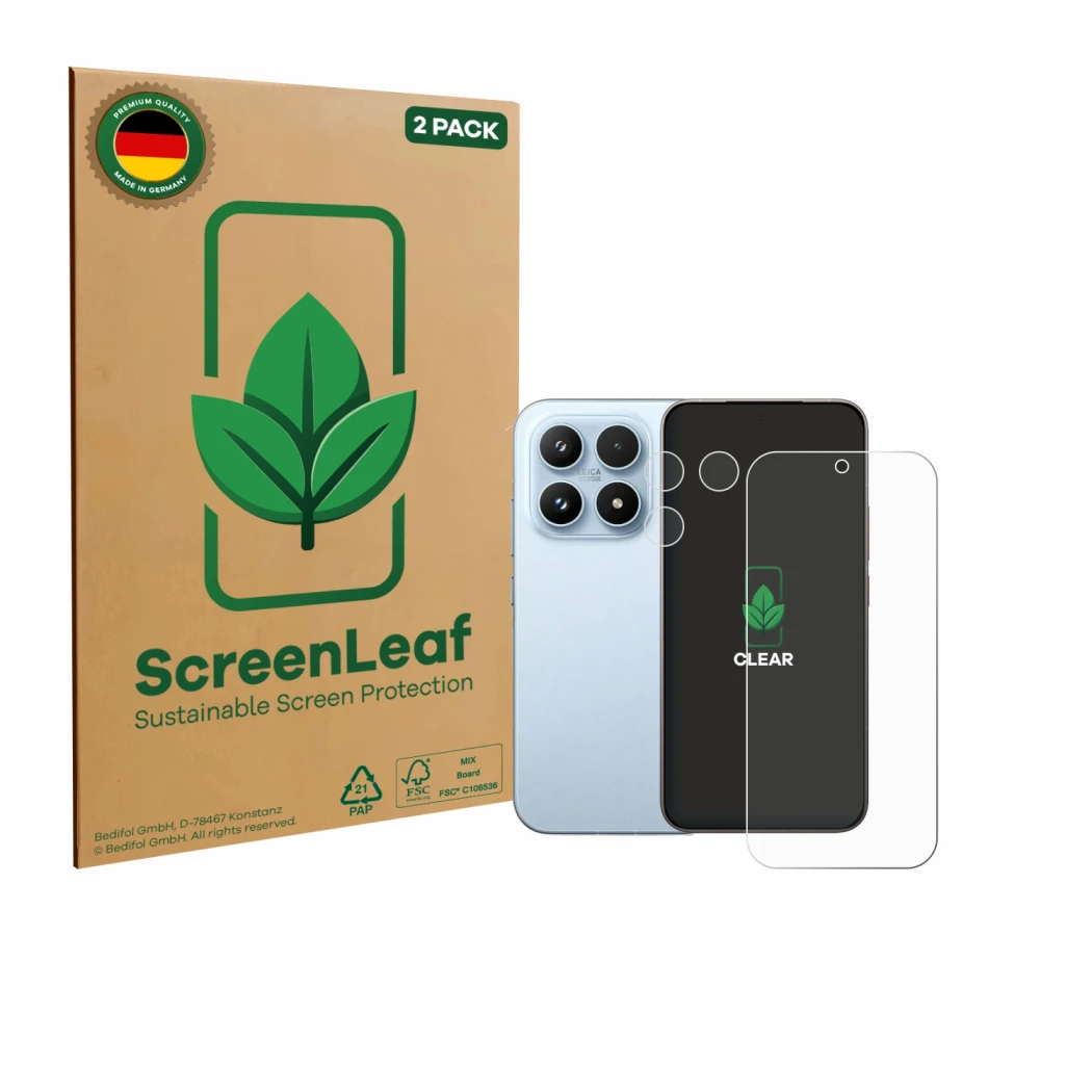 Front side of a product packaging with the brand logo ScreenLeaf. Next to it is the device Xiaomi 17 (Front+Camera) shown with