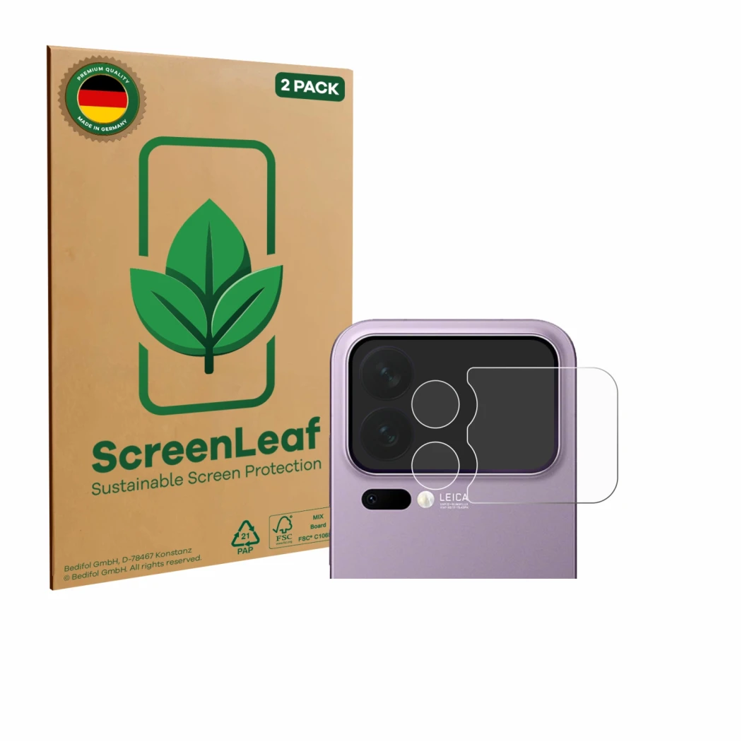Front side of a product packaging with the brand logo ScreenLeaf. Next to it is the device Xiaomi 17 Pro Max (ONLY Camera Lens