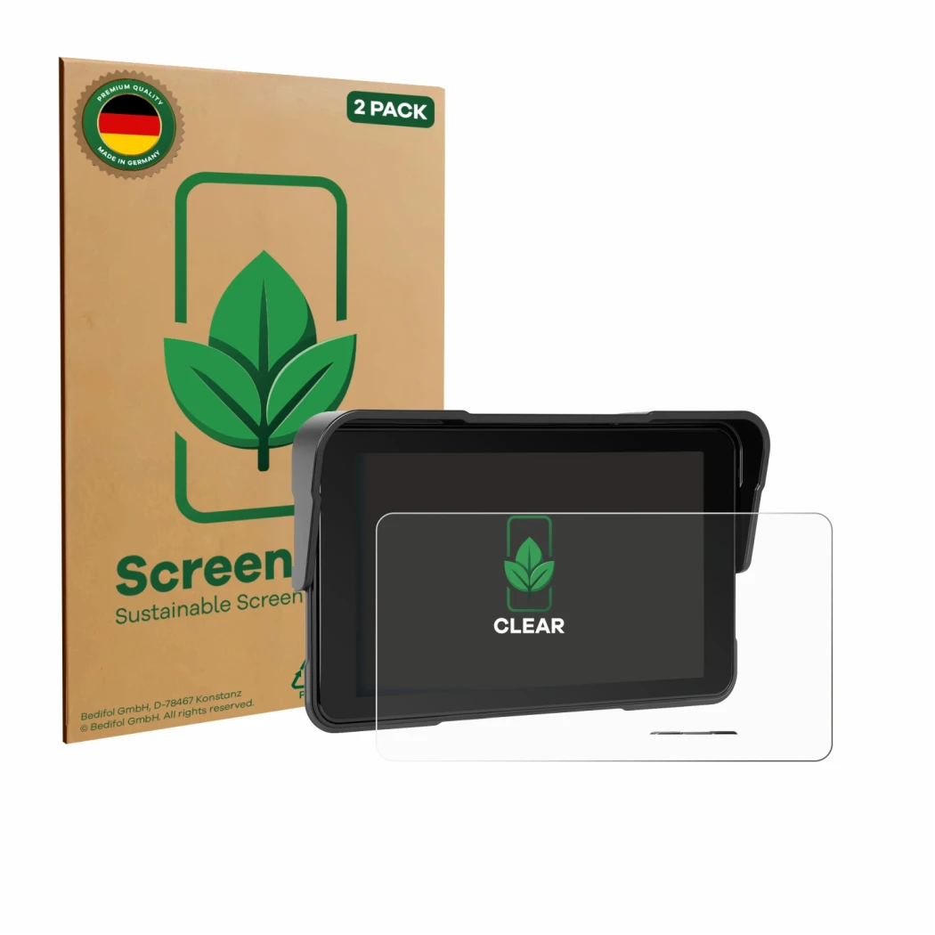 Front side of a product packaging with the brand logo ScreenLeaf. Next to it is the device Sixwin P2 5