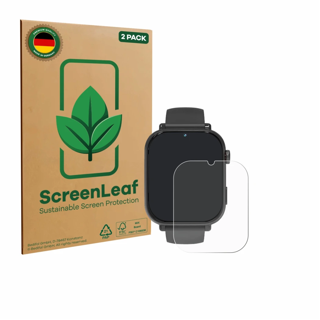 Front side of a product packaging with the brand logo ScreenLeaf. Next to it is the device Ucani A22 shown with the correspond