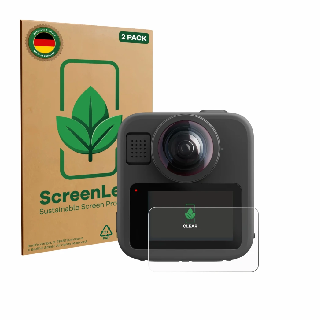 Front side of a product packaging with the brand logo ScreenLeaf. Next to it is the device GoPro Max 2 shown with the correspo