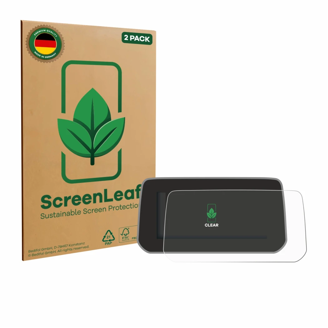 Front side of a product packaging with the brand logo ScreenLeaf. Next to it is the device Mazda CX-5 2020 shown with the corr