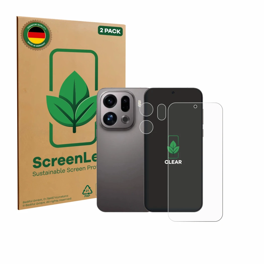 Front side of a product packaging with the brand logo ScreenLeaf. Next to it is the device Oppo Find X9 (Front+Camera) shown w