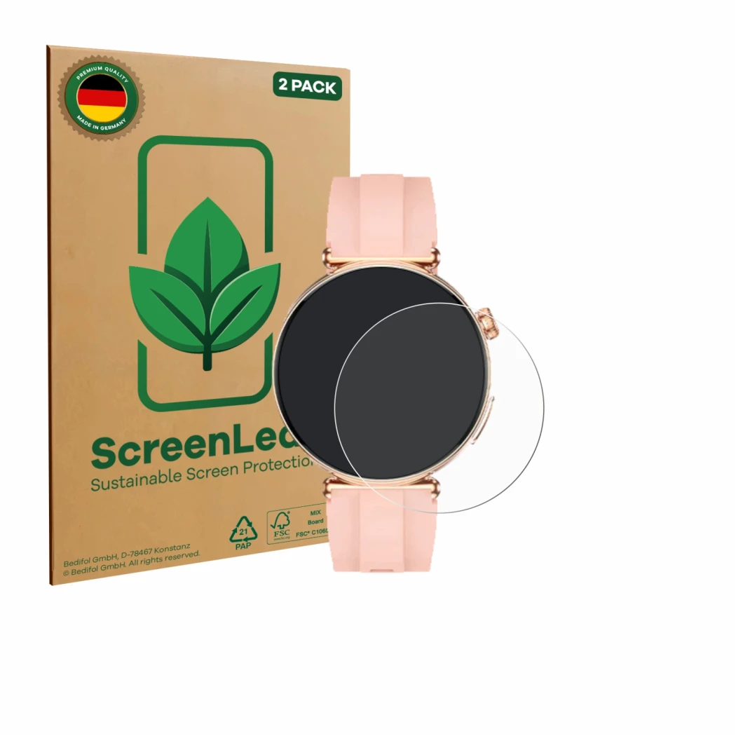 Front side of a product packaging with the brand logo ScreenLeaf. Next to it is the device Knauermann Pro 4 Mini 2026 shown wi
