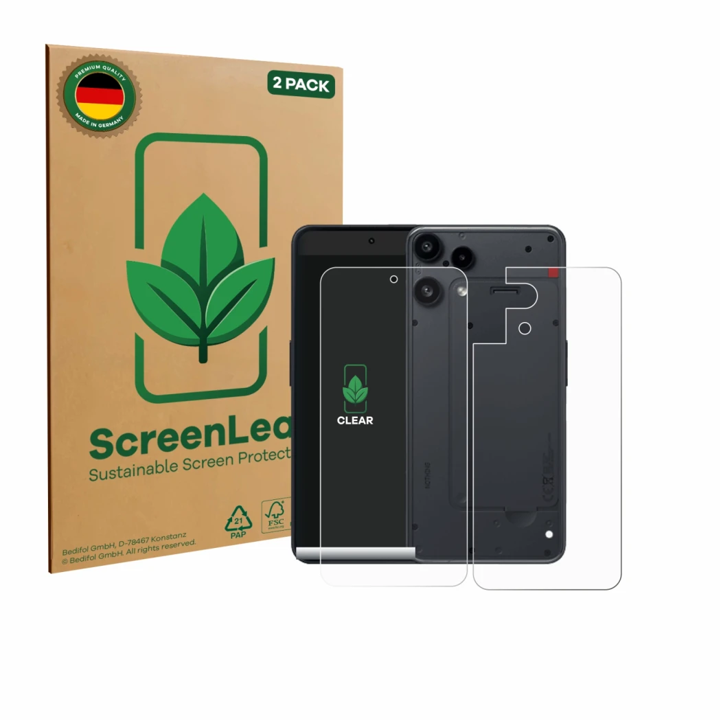 Front side of a product packaging with the brand logo ScreenLeaf. Next to it is the device Nothing Phone (3a) Lite (Front+Back