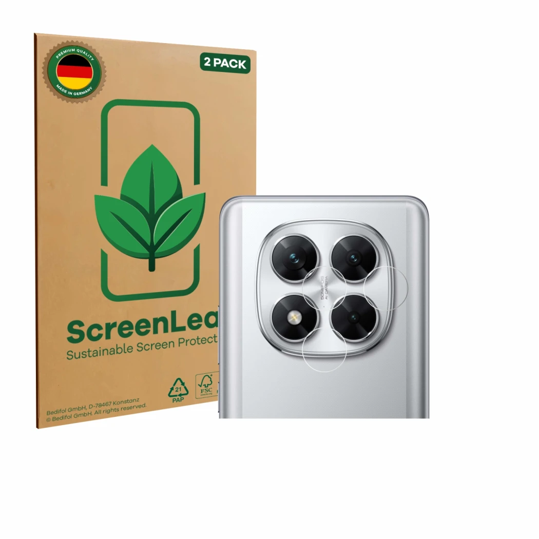 Front side of a product packaging with the brand logo ScreenLeaf. Next to it is the device Xiaomi Poco X7 (ONLY Camera Lens) s