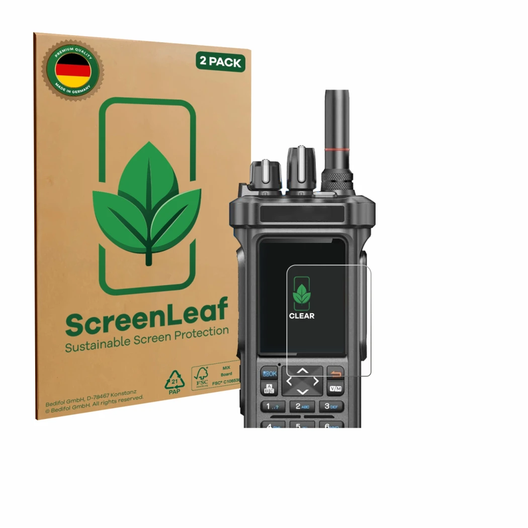 Front side of a product packaging with the brand logo ScreenLeaf. Next to it is the device Radtel RT-950 Pro shown with the co