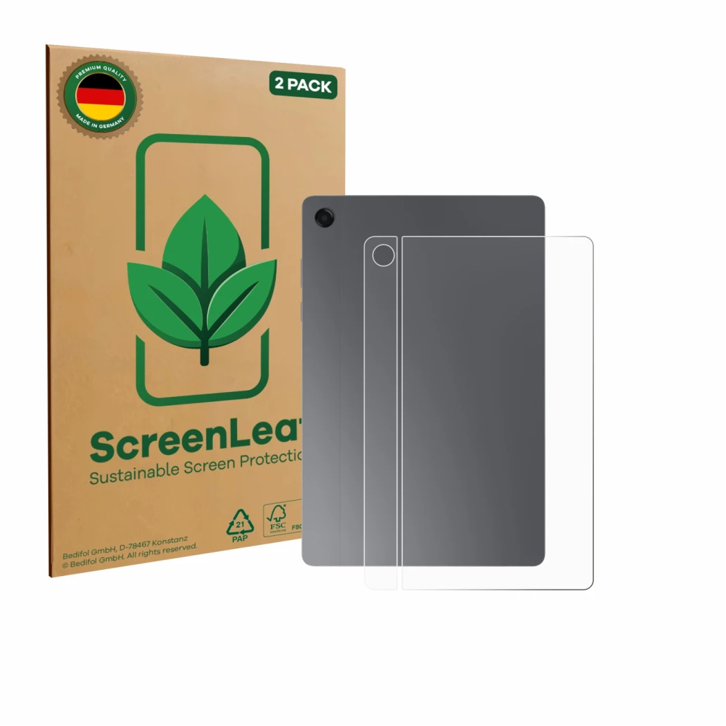 Front side of a product packaging with the brand logo ScreenLeaf. Next to it is the device Samsung Galaxy Tab A11 Plus WiFi 11