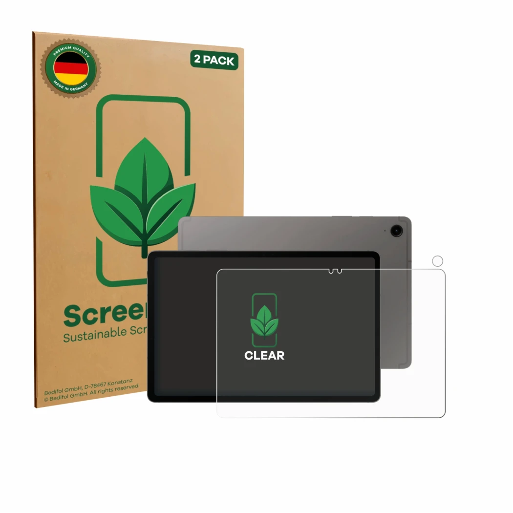 Front side of a product packaging with the brand logo ScreenLeaf. Next to it is the device Samsung Galaxy Tab S9 FE (Front+Cam