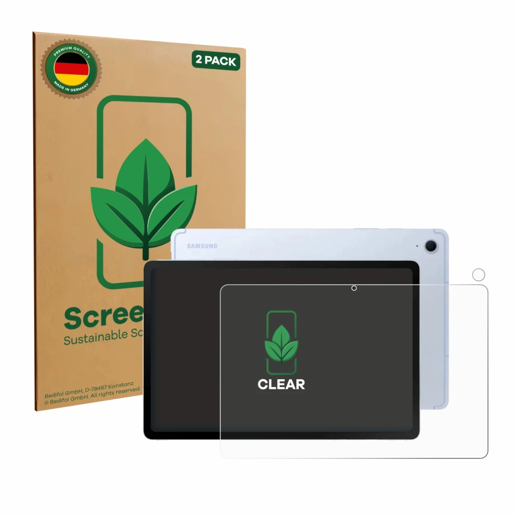 Front side of a product packaging with the brand logo ScreenLeaf. Next to it is the device Samsung Galaxy Tab S10 FE (Front+Ca