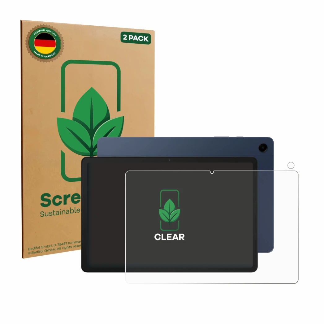Front side of a product packaging with the brand logo ScreenLeaf. Next to it is the device Samsung Galaxy Tab A9 Plus (Front+C