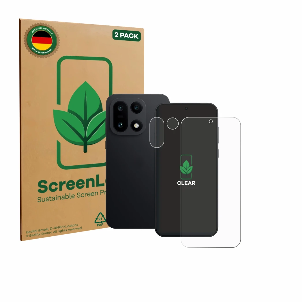 Front side of a product packaging with the brand logo ScreenLeaf. Next to it is the device OnePlus 15 (Front+Camera) shown wit