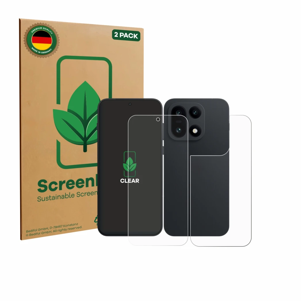Front side of a product packaging with the brand logo ScreenLeaf. Next to it is the device OnePlus 15 (Front+Back) shown with 