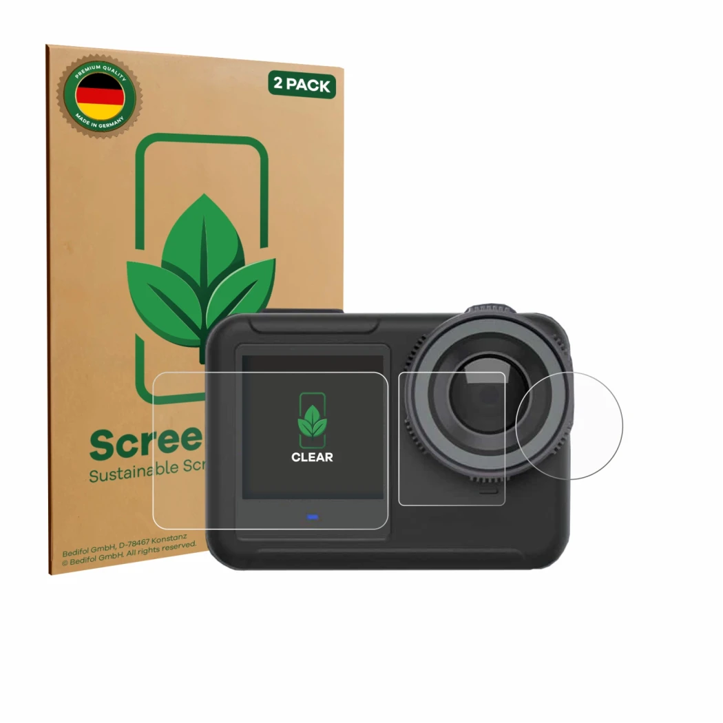 Front side of a product packaging with the brand logo ScreenLeaf. Next to it is the device SVBONY SVGO3 4K shown with the corr
