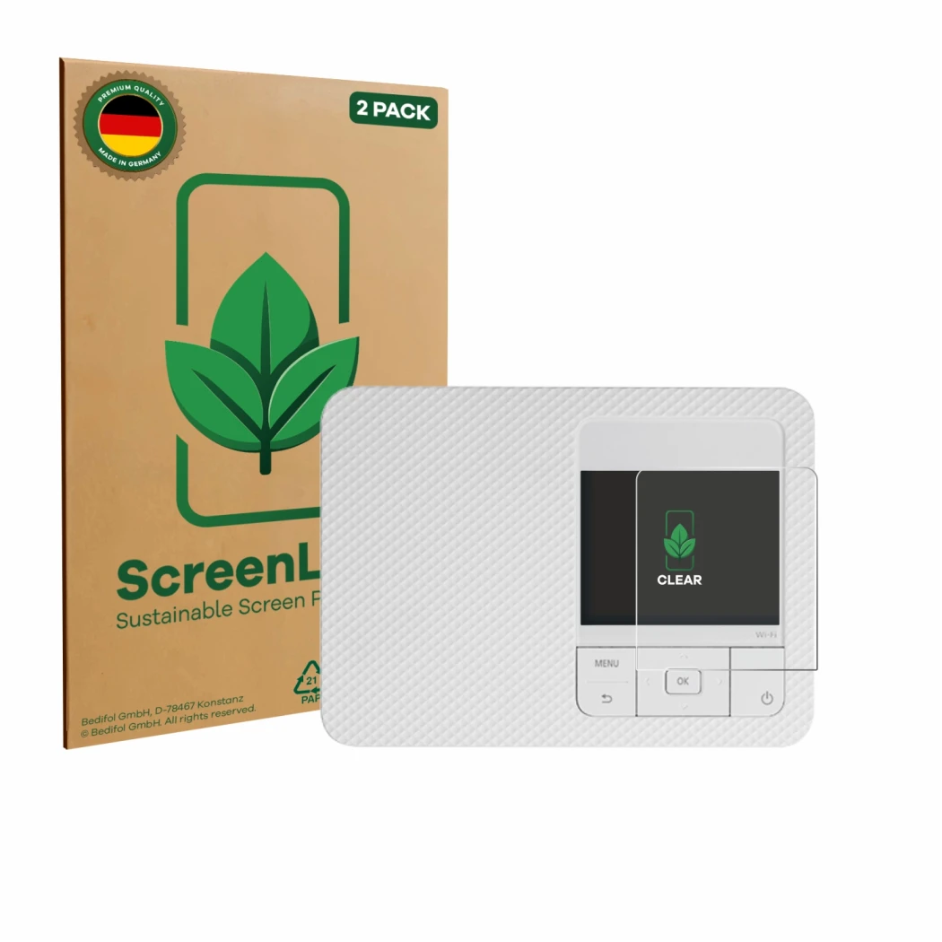 Front side of a product packaging with the brand logo ScreenLeaf. Next to it is the device Canon Selphy CP1500 Mini shown with