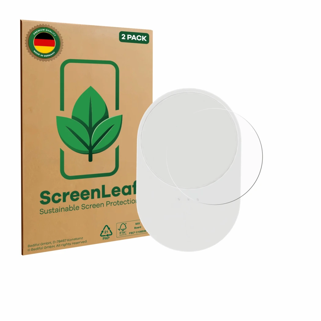 Front side of a product packaging with the brand logo ScreenLeaf. Next to it is the device Ikea Bilresa shown with the corresp