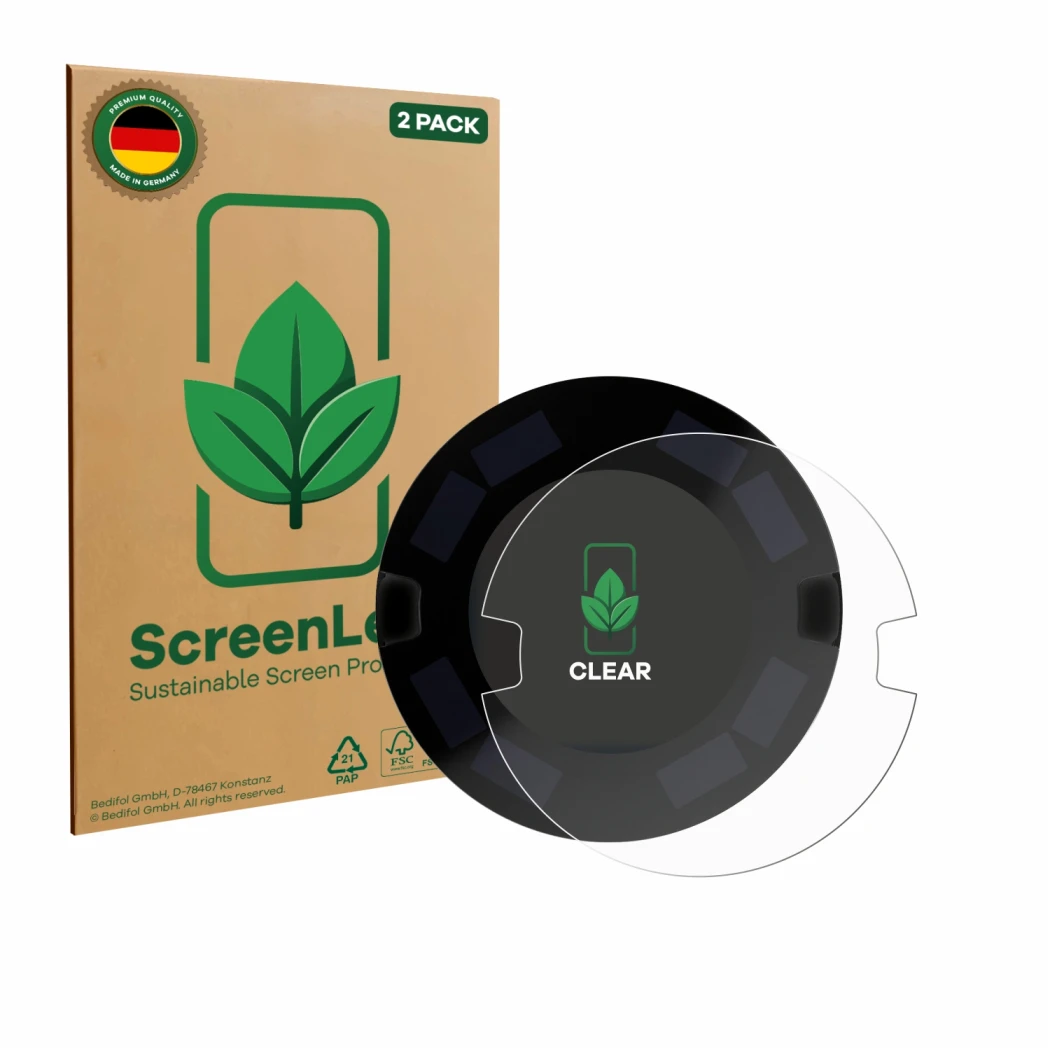 Front side of a product packaging with the brand logo ScreenLeaf. Next to it is the device OOONO P-DISC NO3 shown with the cor