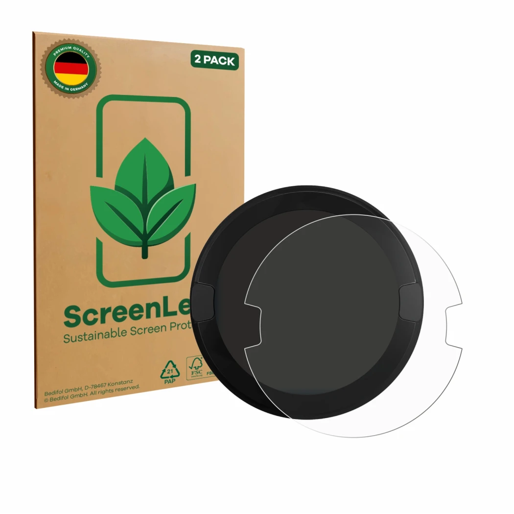 Front side of a product packaging with the brand logo ScreenLeaf. Next to it is the device OOONO P-DISC NO2 shown with the cor