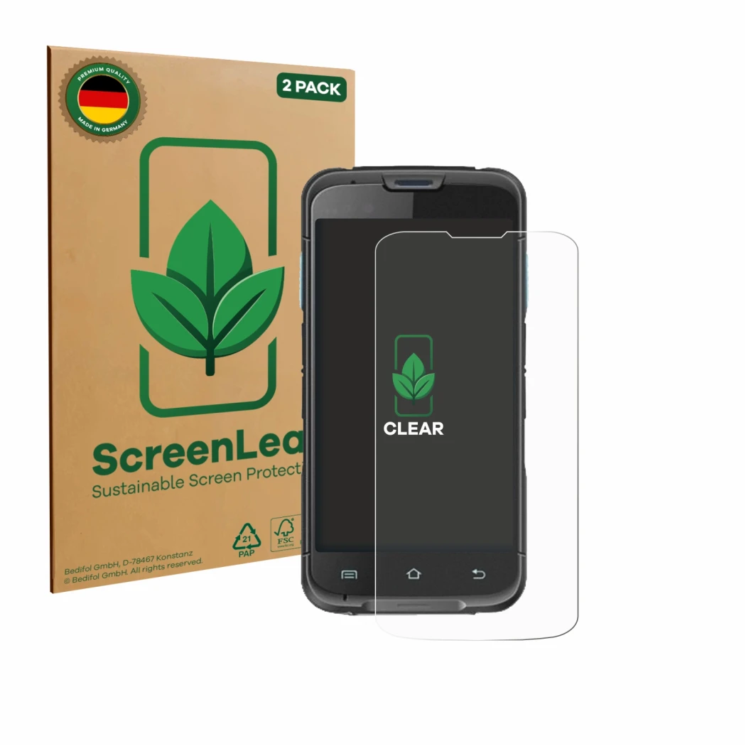 Front side of a product packaging with the brand logo ScreenLeaf. Next to it is the device Unitech EA602 shown with the corres