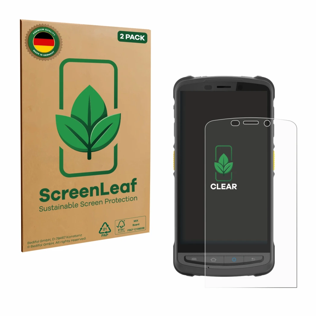 Front side of a product packaging with the brand logo ScreenLeaf. Next to it is the device Newland MT9055 Orca III shown with 