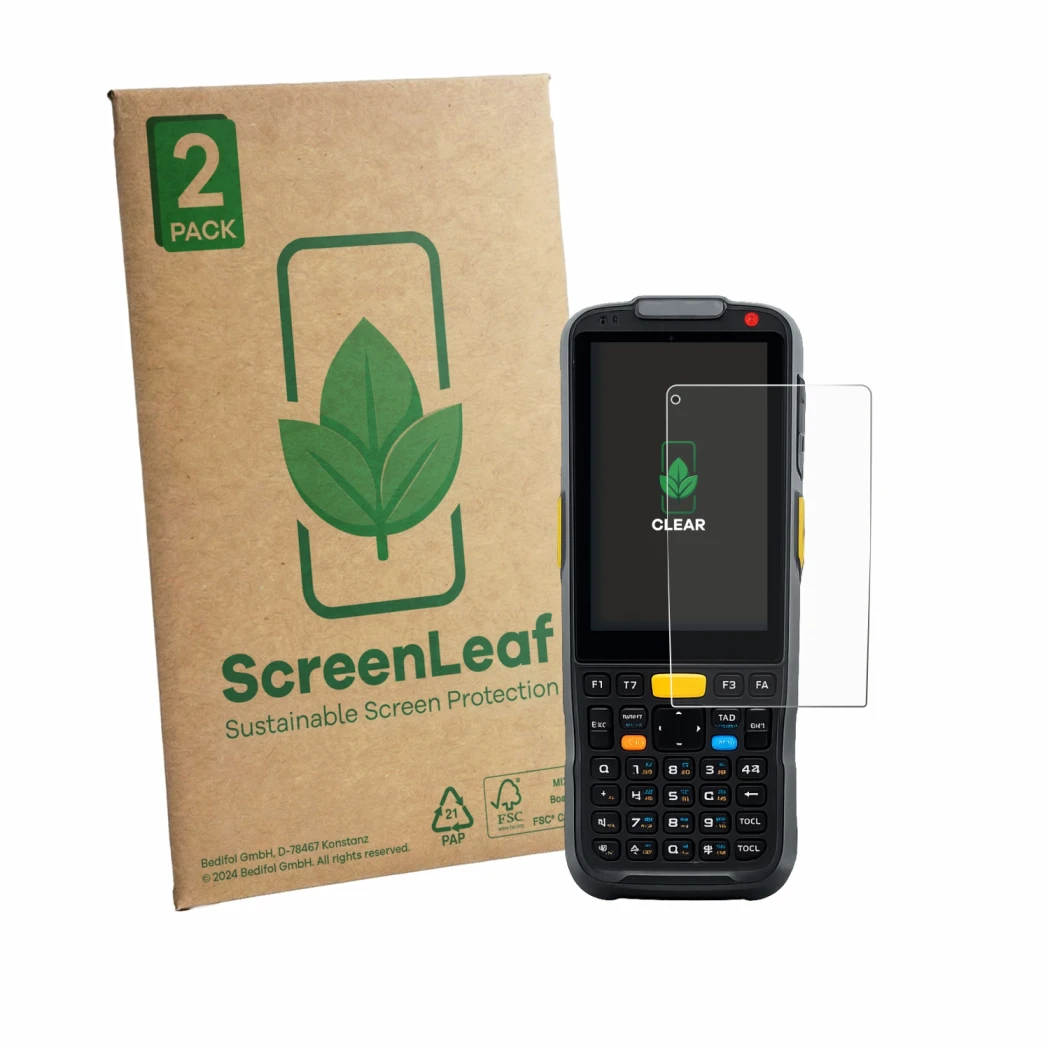 Front side of a product packaging with the brand logo ScreenLeaf. Next to it is the device Newland PT60 Narvalo shown with the