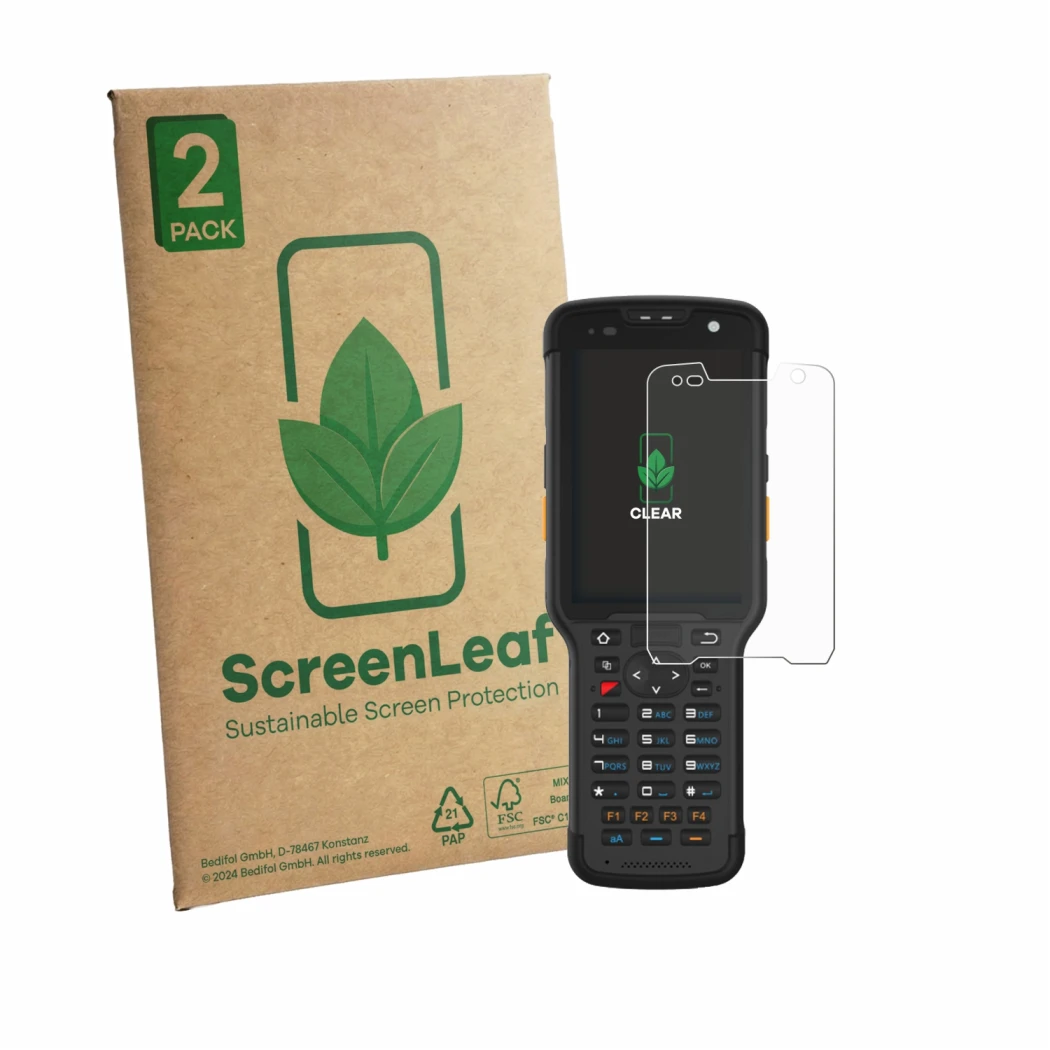 Front side of a product packaging with the brand logo ScreenLeaf. Next to it is the device Newland Speedata SD35 Leo shown wit