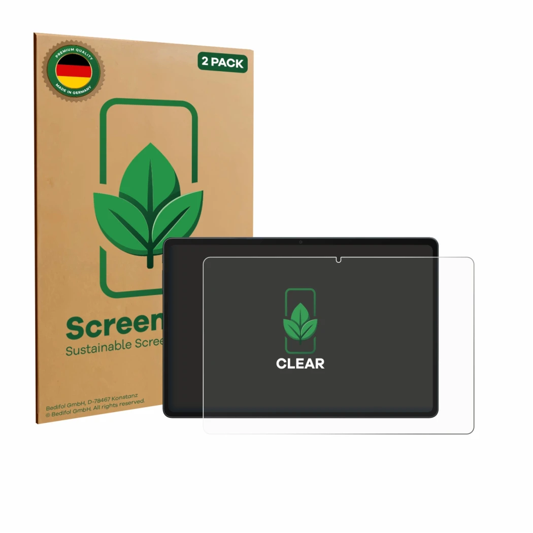 Front side of a product packaging with the brand logo ScreenLeaf. Next to it is the device Alldocube iPlay 70E shown with the 