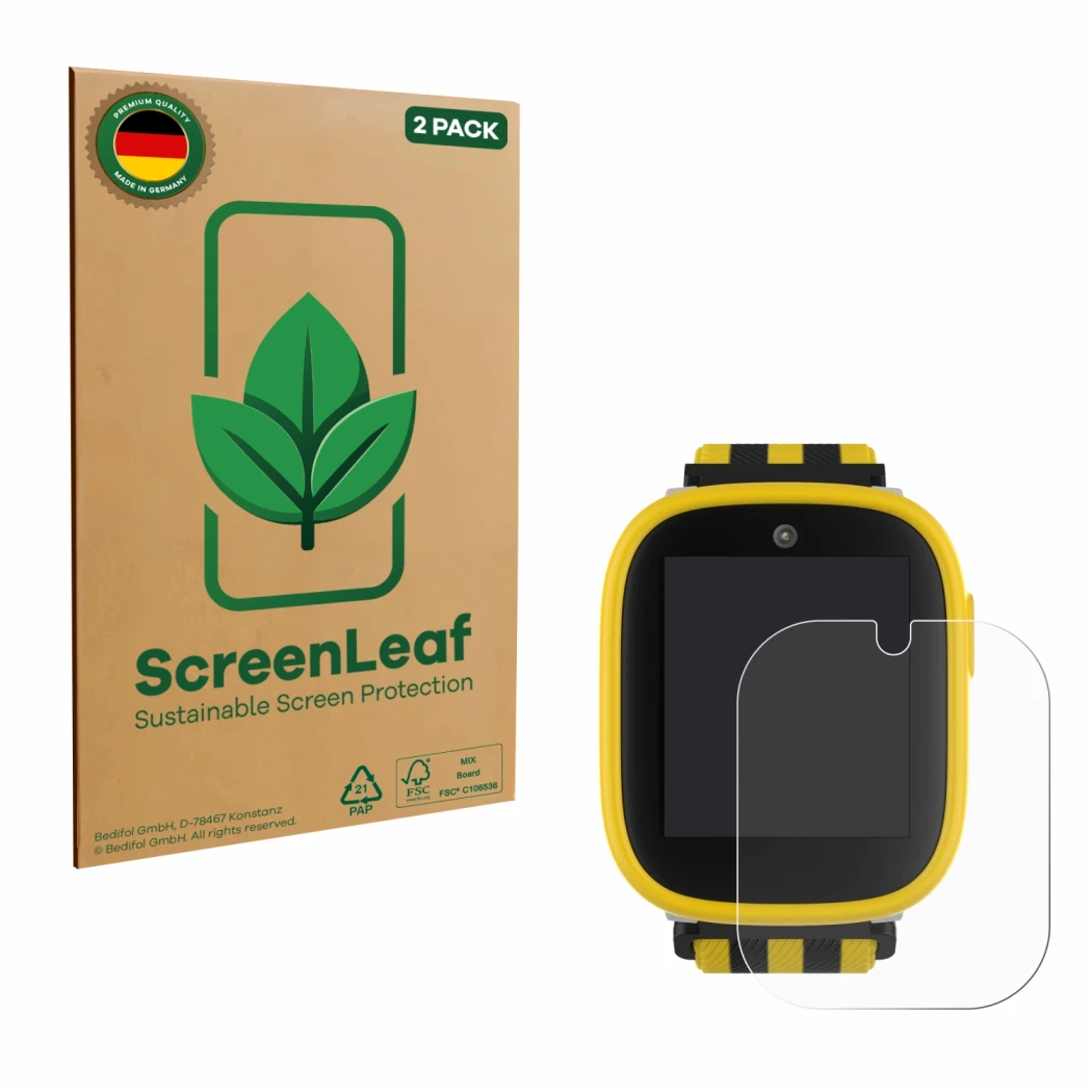 Front side of a product packaging with the brand logo ScreenLeaf. Next to it is the device Xplora X6 Play BVB-Edition shown wi