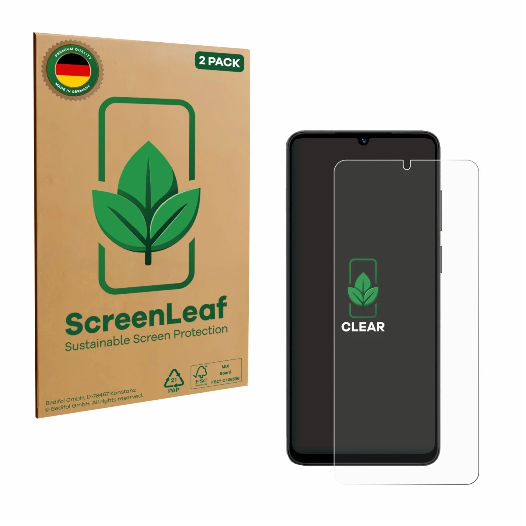 Front side of a product packaging with the brand logo ScreenLeaf. Next to it is the device Honor X5c Plus shown with the corre