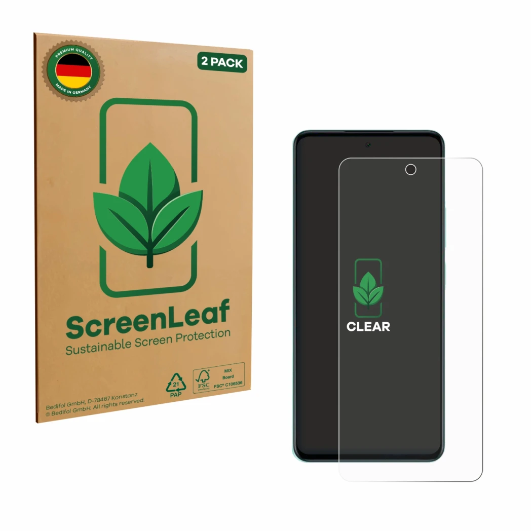 Front side of a product packaging with the brand logo ScreenLeaf. Next to it is the device Oppo A5 shown with the correspondin