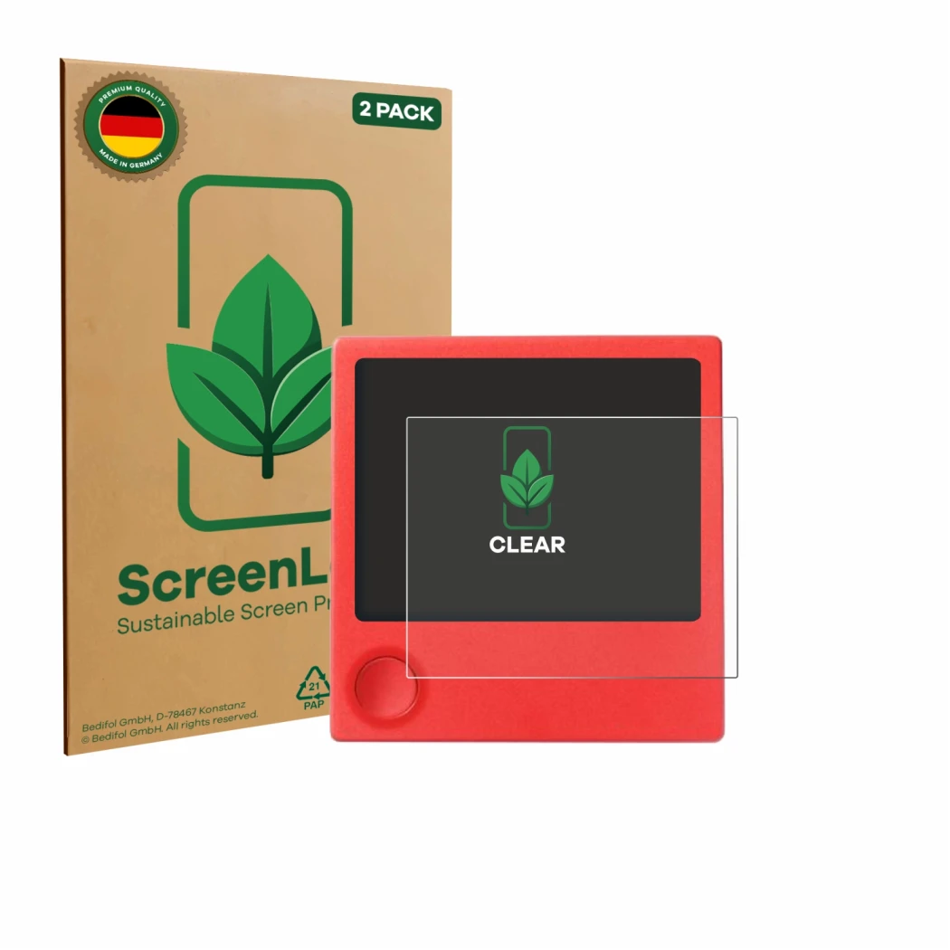 Front side of a product packaging with the brand logo ScreenLeaf. Next to it is the device PicPak E-Ink Display shown with the