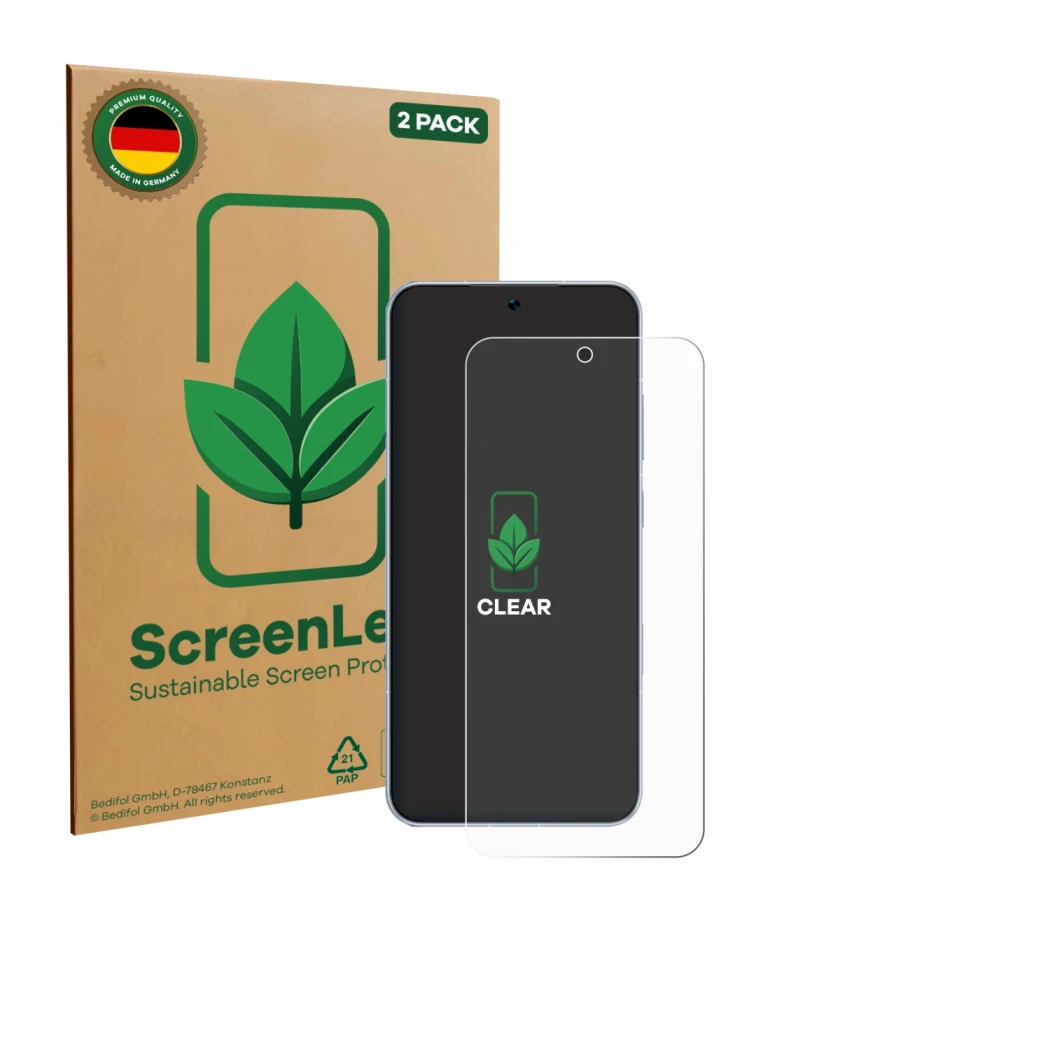 Front side of a product packaging with the brand logo ScreenLeaf. Next to it is the device Honor Win RT shown with the corresp
