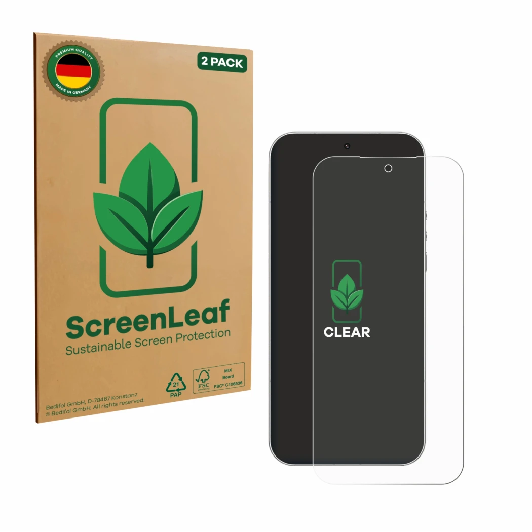 Front side of a product packaging with the brand logo ScreenLeaf. Next to it is the device Xiaomi 17 Ultra shown with the corr